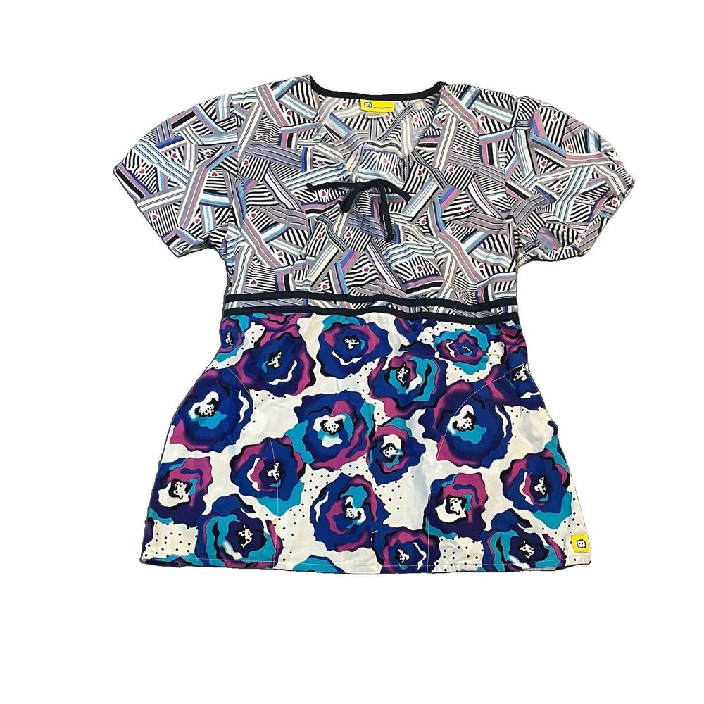 Wonderwink Floral Striped Blue White Black Scrub Nurse Top Shirt Womens Size M